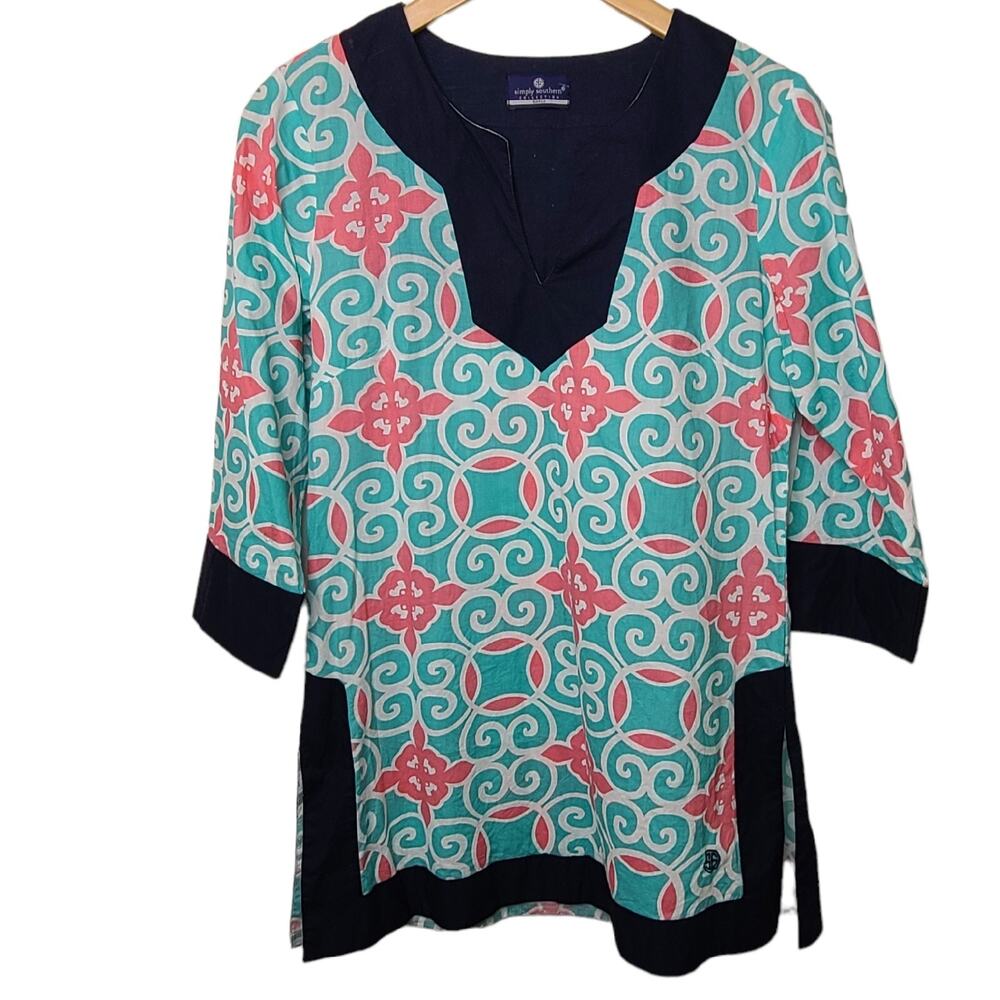Simply Southern Womens SZ S Tunic Top 3/4 Sleeves Aqua, Pink‎ & Blue Cover Up
